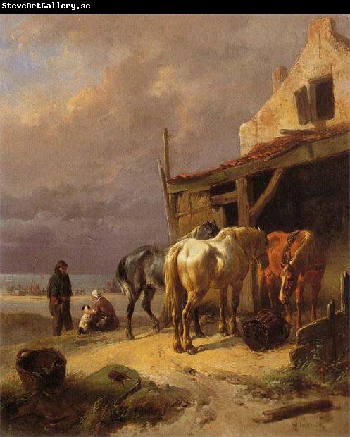 Wouterus Verschuur Draught horses resting at the beach